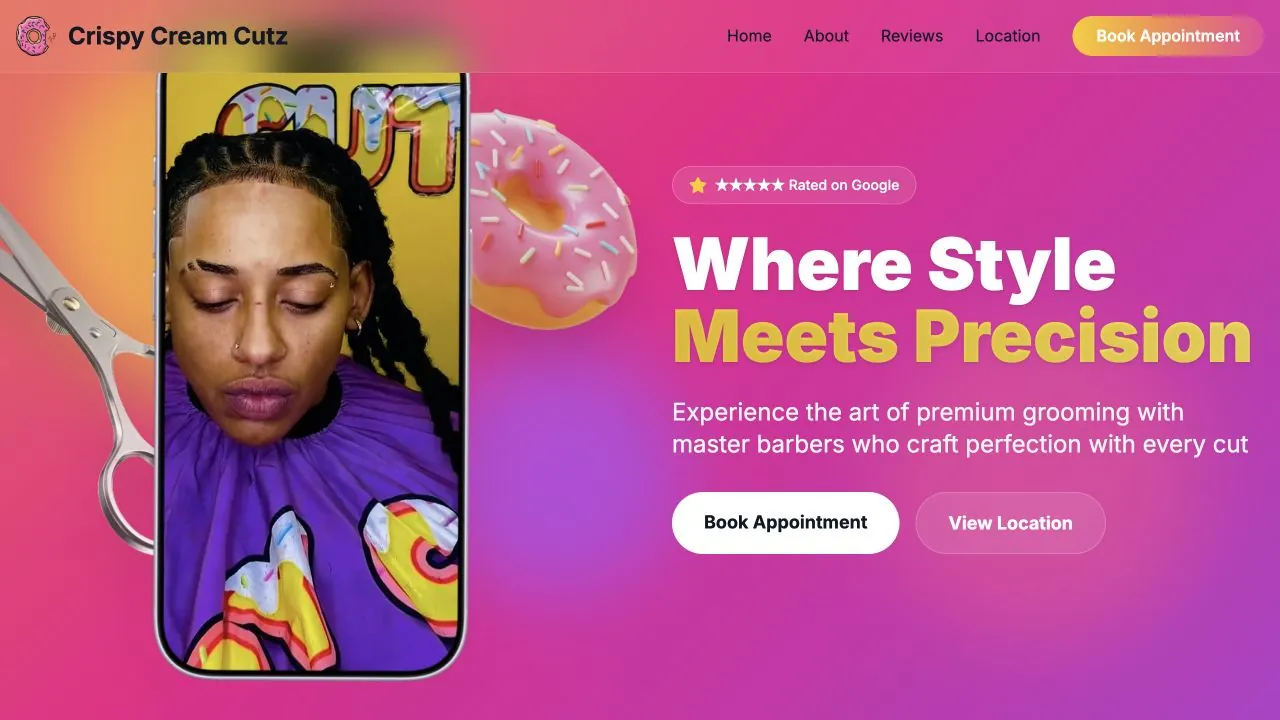 Crispy Cream Cutz website homepage with a colorful barber and donut-inspired hero