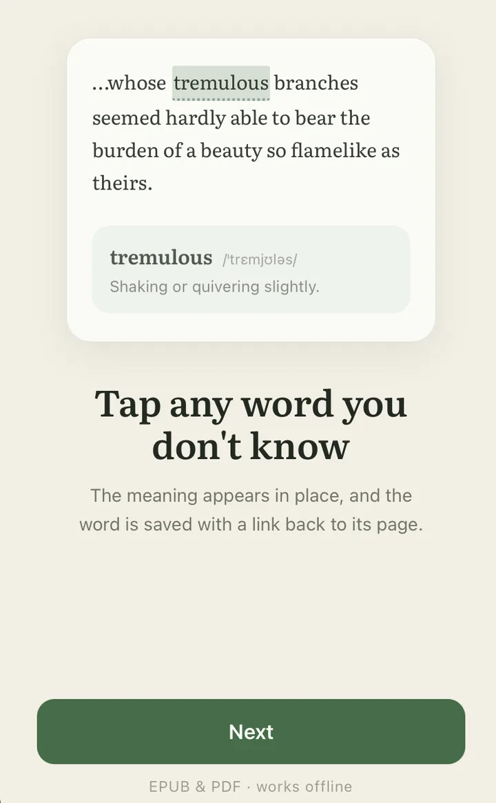 Glossa showing an in-place word definition inside a book page