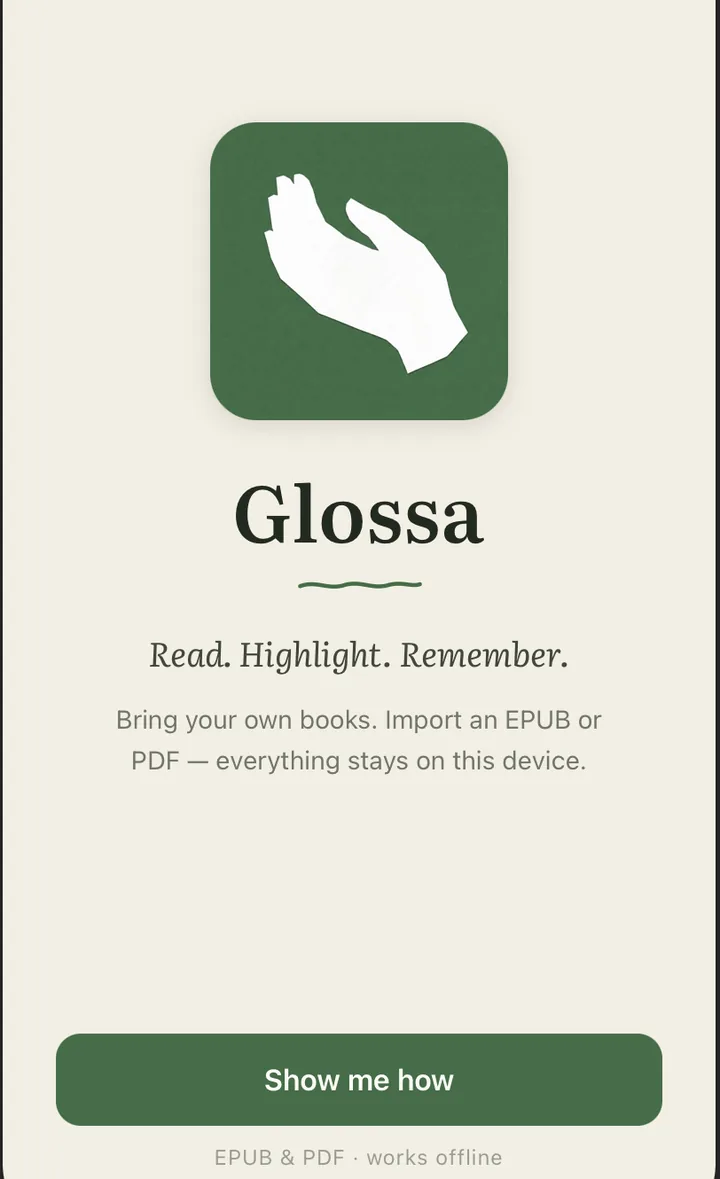 Glossa onboarding screen introducing the reading companion
