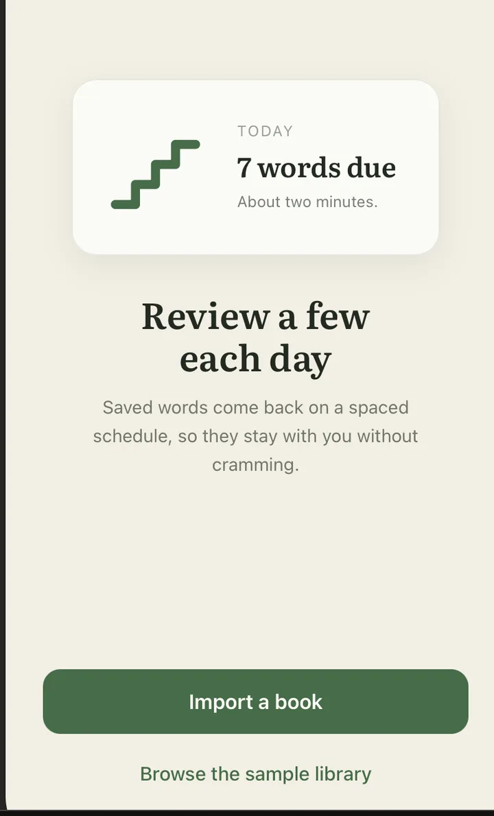 Glossa spaced-review queue resurfacing previously saved words