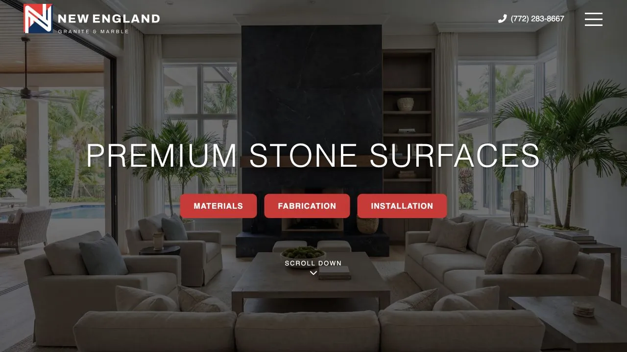New England Granite and Marble website homepage with a luxury stone bathroom hero