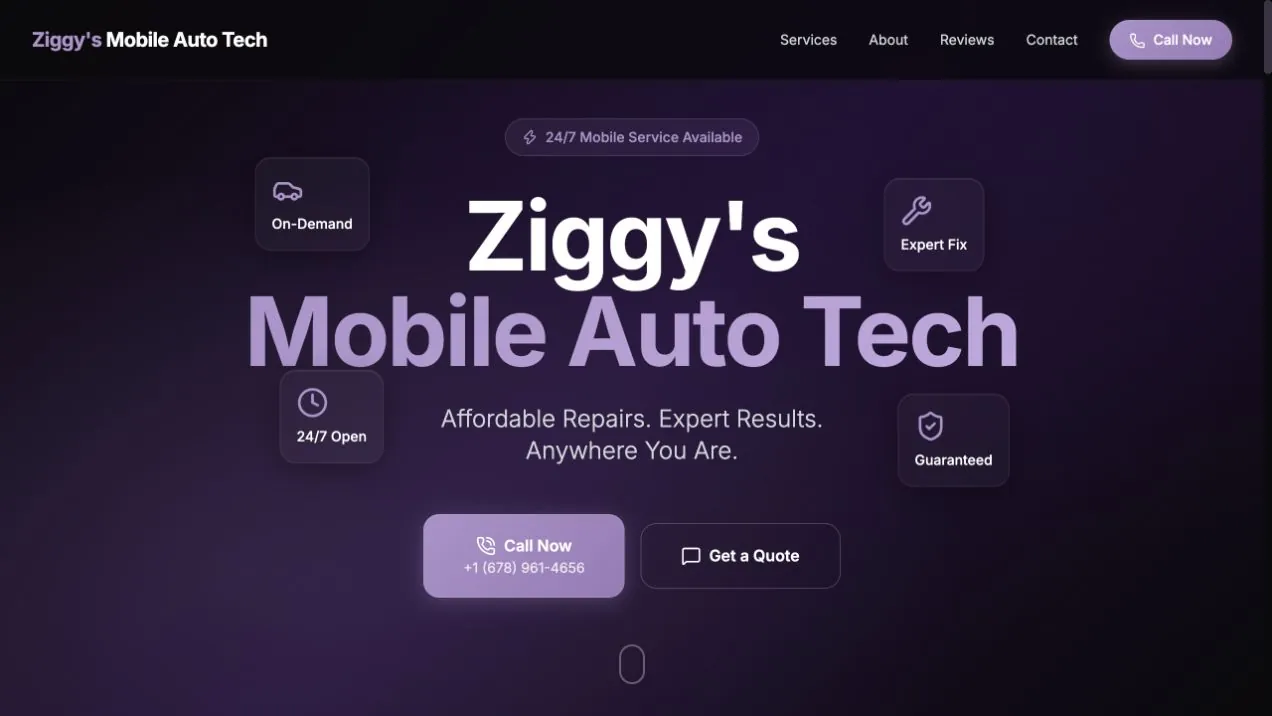 Ziggy's Mobile Auto Tech website homepage with a purple service-focused hero